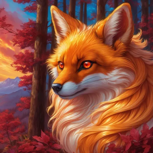 Prompt: Bronze {Vulpix}, {copper fur}, gleaming hypnotic (garnet brown eyes:1.5), flame, fire element, feral, frost, detailed artwork, beautiful oil painting, 64k, detailed background, aspen leaves, deep starry sky, lush cliffside, brilliant sunrise sky, big golden ears, beautiful dark muzzle, big beautiful 8k eyes, mischievous, vivid colors, thick fluffy fur, glowing fiery aura, fire princess, bashful rosy cheeks, timid, bright rosy cheeks, thick billowing mane, intricately detailed fur, beautiful detailed eyes, , by Anne Stokes, golden ratio, perfect proportions, vibrant, hyper detailed, complementary colors, UHD, beautiful detailed background