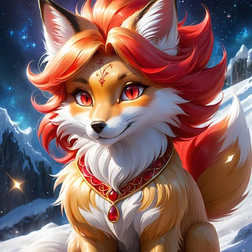 Prompt: warrior (fox) with {bright scarlet fur} and {ruby red eyes}, feral fox, kitsune, nine-tailed fox, gorgeous anime portrait, beautiful cartoon, beautiful 8k eyes, elegant {red fur}, four-legged, quadruped, pronounced scar on chest, oil painting, modest, gazing at viewer, fiery red eyes, glistening golden hair, furry golden paws, low angle view, 64k, hyper detailed, expressive, graceful, beautiful, small lithe cat, expansive silky golden mane, shining fur, deep starry sky, UHD background, golden ratio, precise, perfect proportions, vibrant colors, standing majestically on a tall crystal stone, hyper detailed, complementary colors, UHD, HDR, top quality art, beautiful detailed background, unreal 5, artstaion, deviantart, instagram, professional, masterpiece