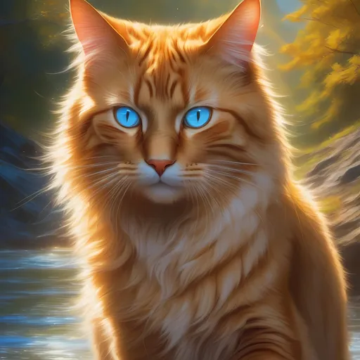 Prompt: warrior cat with pearl-gold fur and sapphire blue eyes, tom cat, epic anime portrait, beautiful 8k eyes, fine oil painting, intense, lunging at viewer, wearing shiny bracelet, worm's eye view, zoomed out view of character,  (unsheathed claws), visible claws, 64k, hyper detailed, expressive, intense, hissing cat, aggressive, intelligent, lithe, small, covered in scratches and scars, thick billowing mane, glistening golden fur, golden ratio, precise, perfect proportions, vibrant, prowling by a sun-bathed river, hyper detailed, complementary colors, UHD, HDR, top quality artwork, beautiful detailed background, unreal 5, artstaion, deviantart, instagram, professional, masterpiece