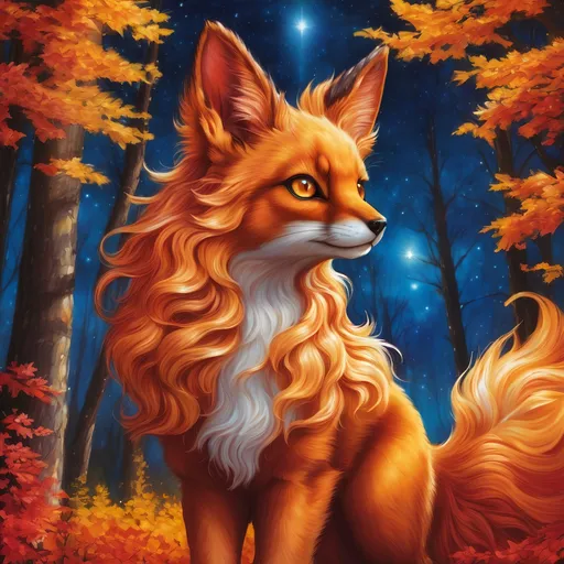 Prompt: {Vulpix}, gleaming hypnotic {garnet brown eyes}, flame, fire element, feral, frost, detailed artwork, beautiful oil painting, 64k, detailed background, aspen leaves, deep starry sky, lush cliffside, brilliant sunrise sky, big golden ears, beautiful dark muzzle, big beautiful 8k eyes, mischievous, vivid colors, thick fluffy fur, glowing fiery aura, fire princess, bashful rosy cheeks, timid, bright rosy cheeks, thick billowing mane, intricately detailed fur, beautiful detailed eyes, , by Anne Stokes, golden ratio, perfect proportions, vibrant, hyper detailed, complementary colors, UHD, beautiful detailed background