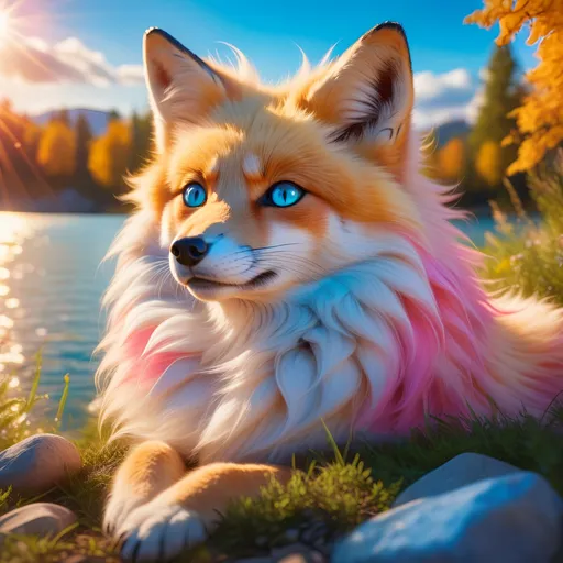 Prompt: beautiful young golden fox prodigy with (white-gold fur) and glowing {ruby pink eyes}, {sky blue paws and ears, curly blue hair}, feral, epic anime portrait, close up, sunny colors, brilliant sunrise, beautiful 8k eyes, light fluffy clouds, lush verdant greenery, close up, fine oil painting, low angle view, soft HD fur, (unsheathed claws), visible claws, 64k, hyper detailed, expressive, energetic, vibrant, fluffy mane, petite, deep blue sky, colorful stones, glistening golden fur, sprawled at a lake shore, golden ratio, precise, perfect proportions, vibrant colors, vivid colors, lying by a sun-bathed lake, hyper detailed, complementary colors, UHD, HDR, top quality artwork, beautiful detailed background, unreal 5, artstaion, deviantart, instagram, professional, masterpiece