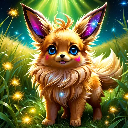 Prompt: (best quality: 1.5), (high quality:1.5), (intricate detail: 1.5), painting of an insanely beautiful magical Eevee, furry, fuzzy, happy, jubilant, magical, fairy dust, twinkling, bright colors, sparkling fur, shimmering, glistening, fairy dust in fur, dancing, running through a field, glistening golden fur, sparkling eyes, cute fangs, cute, vivid colors, vibrant colors, up close, close up, auroras, super fluffy, aurora halo, surreal, UHD, horizontal background, professional shading, 3D painting, ultra realistic fur, depth, running toward viewer, insanely detailed background, detailed fantasy style, insanely detailed fur, ultra detailed illustration, immaculate fur, fantasy, flying, professional digital painting, expressive face, beautiful eyes, 8k eyes, artstation, deviantart, Anne Stokes, trending, hyper detailed, stunning, breathtaking, beautiful, graceful, ethereal, enchanting, enchanted grassland, sparkling fireflies, breezy summer night, starry sky, 8k, 16k, 64k, unreal engine, perfect pose, golden ratio, symmetric, perfect proportions