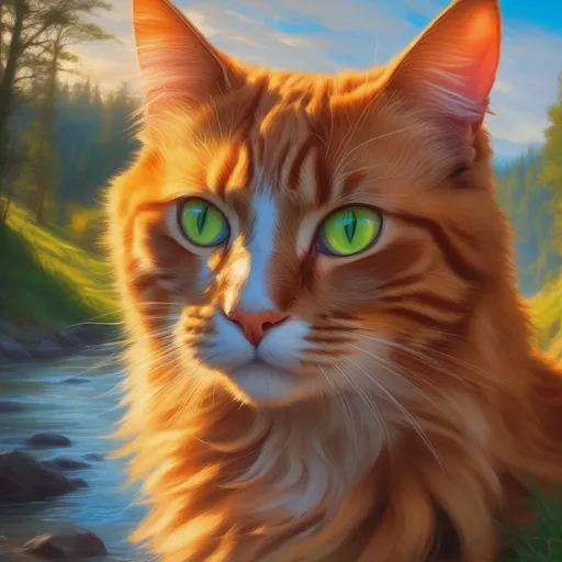 Prompt: warrior cat with {fiery orange fur} and bright green eyes, young male cat, epic anime portrait, beautiful 8k eyes, fine oil painting, intense, lunging at viewer, wearing shiny bracelet, solid red belly, worm's eye view, zoomed out view of character,  (unsheathed claws), visible claws, 64k, hyper detailed, expressive, intense, hissing cat, aggressive, intelligent, lithe, small, covered in scratches and scars, thick billowing mane, glistening golden fur, golden ratio, precise, perfect proportions, vibrant, prowling by a sun-bathed river, hyper detailed, dynamic, complementary colors, UHD, HDR, top quality artwork, beautiful detailed background, unreal 5, artstaion, deviantart, instagram, professional, masterpiece