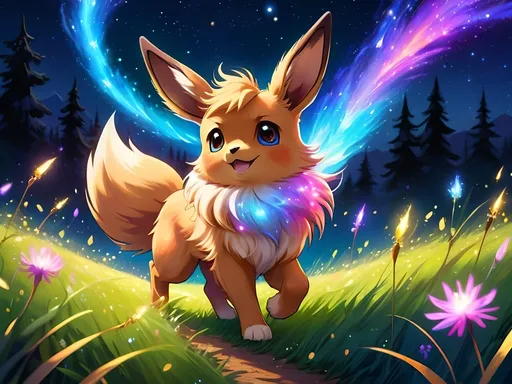 Prompt: (best quality: 1.5), (high quality:1.5), (intricate detail: 1.5), painting of an insanely beautiful magical Eevee, furry, fuzzy, happy, jubilant, magical, fairy dust, twinkling, bright colors, sparkling fur, fairy dust in fur, dancing, running through a field, cute, vivid colors, vibrant colors, auroras, aurora halo, surreal, UHD, horizontal background, professional shading, running toward viewer, insanely detailed background, insanely detailed fur, ultra detailed illustration, immaculate fur, fantasy, flying, professional digital painting, expressive face, beautiful eyes, 8k eyes, artstation, deviantart, trending, hyper detailed, stunning, breathtaking, beautiful, graceful, ethereal, enchanting, enchanted grassland, sparkling fireflies, breezy summer night, starry sky, 8k, 16k, 64k, unreal engine, perfect pose, golden ratio, symmetric, perfect proportions