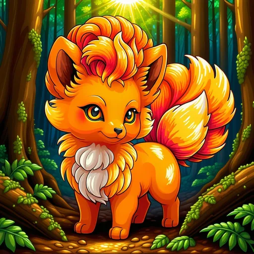 Prompt: pixel art of a beautiful (Vulpix), with bright golden fur and {glowing brown eyes}, feral, in a sunny forest, fire element, mystery dungeon, head turned toward viewer, highly detailed eyes, hyper detailed, furry, very timid and shy, ready for battle, bashful, rosy cheeks, 4k, UHD, masterpiece, oil painting, golden ratio, symmetric, complementary colors, vibrant, vivid colors