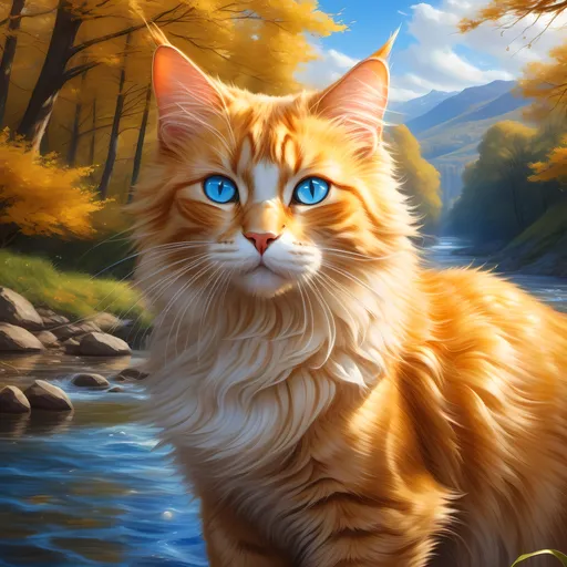 Prompt: warrior cat with pearl-gold fur and sapphire blue eyes, tom cat, epic anime portrait, beautiful 8k eyes, fine oil painting, intense, lunging at viewer, wearing shiny bracelet, worm's eye view, zoomed out view of character,  (unsheathed claws), visible claws, 64k, hyper detailed, expressive, intense, hissing cat, aggressive, intelligent, lithe, small, covered in scratches and scars, thick billowing mane, glistening golden fur, golden ratio, precise, perfect proportions, vibrant, prowling by a sun-bathed river, hyper detailed, complementary colors, UHD, HDR, top quality artwork, beautiful detailed background, unreal 5, artstaion, deviantart, instagram, professional, masterpiece