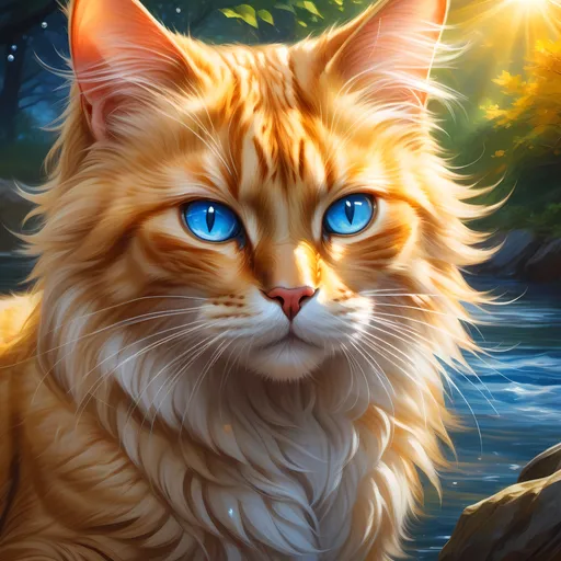 Prompt: warrior cat with pearl-gold fur and sapphire blue eyes, tom cat, epic anime portrait, beautiful 8k eyes, fine oil painting, intense, lunging at viewer, wearing shiny bracelet, worm's eye view, zoomed out view of character,  (unsheathed claws), visible claws, 64k, hyper detailed, expressive, intense, hissing cat, aggressive, intelligent, lithe, small, covered in scratches and scars, thick billowing mane, glistening golden fur, golden ratio, precise, perfect proportions, vibrant, prowling by a sun-bathed river, hyper detailed, complementary colors, UHD, HDR, top quality artwork, beautiful detailed background, unreal 5, artstaion, deviantart, instagram, professional, masterpiece