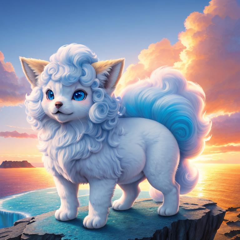 Prompt: alolan vulpix, ice element, detailed artwork, portrait, masterpiece, 8k, detailed cliffside background, stunning sunset, golden ratio, complementary colors