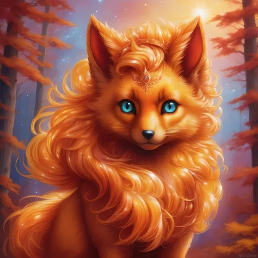 Prompt: {Vulpix}, gleaming hypnotic {garnet brown eyes}, flame, fire element, feral, frost, detailed artwork, beautiful oil painting, 64k, detailed background, aspen leaves, deep starry sky, lush cliffside, brilliant sunrise sky, big golden ears, big beautiful 8k eyes, mischievous, vivid colors, thick fluffy fur, glowing fiery aura, fire princess, bashful rosy cheeks, timid, bright rosy cheeks, thick billowing mane, intricately detailed fur, beautiful detailed eyes, , by Anne Stokes, golden ratio, perfect proportions, vibrant, hyper detailed, complementary colors, UHD, beautiful detailed background