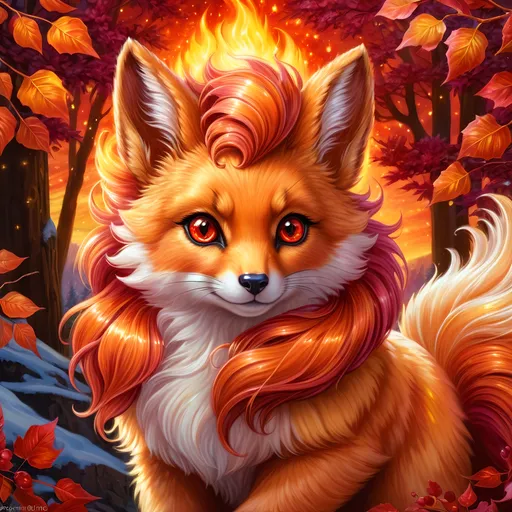 Prompt: Bronze {Vulpix}, {copper fur}, gleaming hypnotic (garnet brown eyes:1.5), flame, fire element, feral, frost, detailed artwork, beautiful oil painting, 64k, detailed background, aspen leaves, deep starry sky, lush cliffside, brilliant sunrise sky, big golden ears, beautiful dark muzzle, big beautiful 8k eyes, mischievous, vivid colors, thick fluffy fur, glowing fiery aura, fire princess, bashful rosy cheeks, timid, bright rosy cheeks, thick billowing mane, intricately detailed fur, beautiful detailed eyes, , by Anne Stokes, golden ratio, perfect proportions, vibrant, hyper detailed, complementary colors, UHD, beautiful detailed background