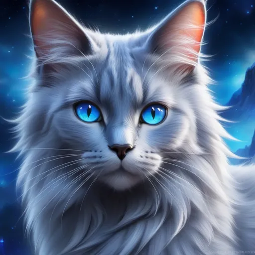 Prompt: warrior cat with {russian blue fur} and {crystal blue eyes}, senior she-cat, ice element, frost, Erin Hunter, gorgeous anime portrait, beautiful cartoon, 2d cartoon, beautiful 8k eyes, elegant {blue fur}, pronounced scar on chest, fine oil painting, modest, gazing at viewer, beaming blue eyes, glistening blue fur, low angle view, zoomed out view of character, 64k, hyper detailed, expressive, timid, graceful, beautiful, expansive silky mane, deep starry sky, golden ratio, precise, perfect proportions, vibrant, standing majestically on a tall crystal stone, hyper detailed, complementary colors, UHD, HDR, top quality artwork, beautiful detailed background, unreal 5, artstaion, deviantart, instagram, professional, masterpiece