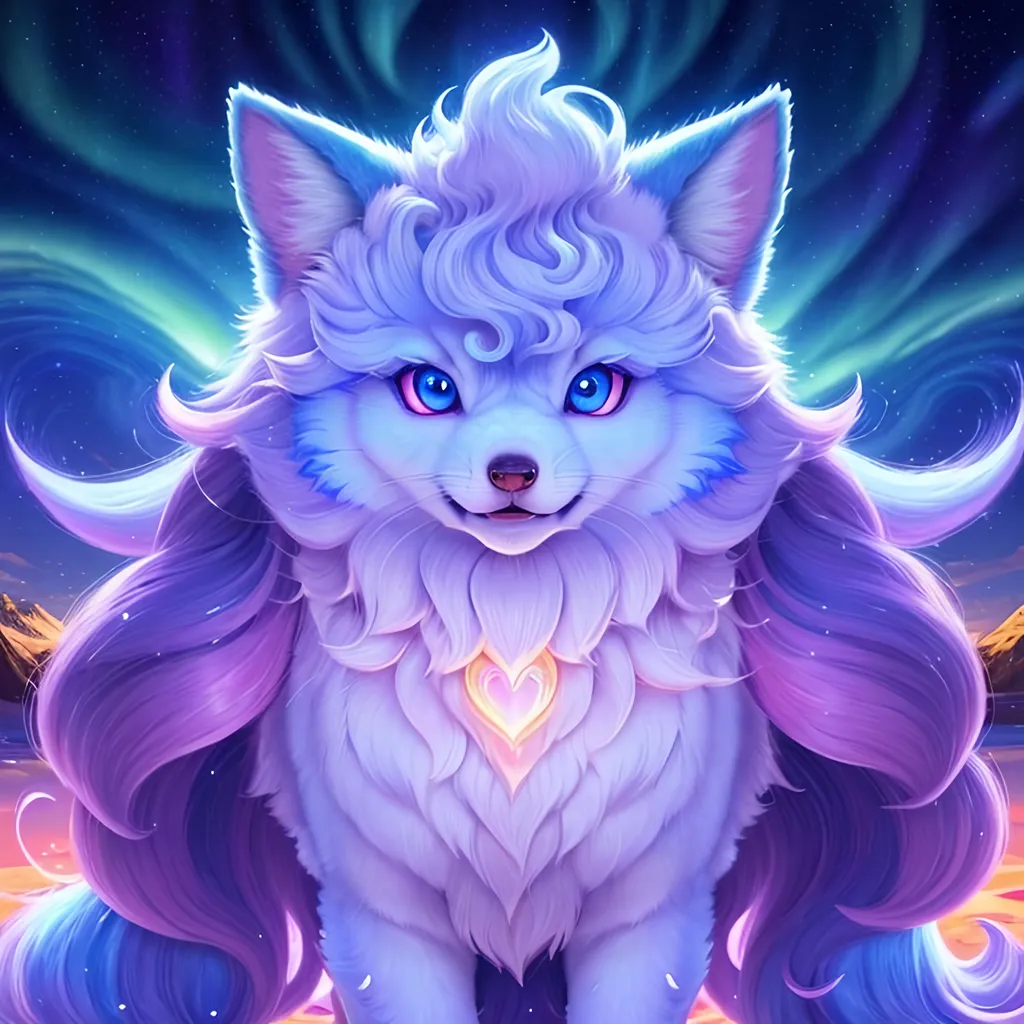 Prompt: {Alolan Vulpix}, growling, wolf, ice element, detailed artwork, portrait, 8k, detailed background, beautiful auroras, brilliant night sky, gleaming hypnotic purple eyes, mischievous, thick billowing mane, beautiful detailed eyes, golden ratio, perfect proportions, complementary colors, UHD