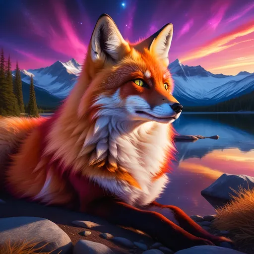 Prompt: portrait of a beautiful young crimson fox prodigy with (glistening crimson fur) and glowing {hazel green eyes}, feral, beautiful vixen kitsune, epic anime portrait, close up, gazing at viewer, fiery colors, brilliant sunrise, beautiful 8k eyes, deep starry sky, cosmic auroras, epic fantasy landscape, frost, close up, fine oil painting, intense, low angle view, soft HD fur, 64k, hyper detailed, symmetric, highly detailed face, expressive, intense, elegant, graceful, silky extravagant mane, black fur lighlights, deep purple sky, colorful stones, glistening scarlet fur, sprawled at a lake shore, golden ratio, precise, perfect proportions, vibrant, lying by a sun-bathed lake, hyper detailed, complementary colors, UHD, HDR, top quality artwork, beautiful detailed background, unreal 5, artstaion, deviantart, instagram, professional, masterpiece