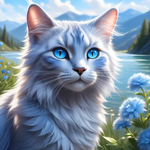 Prompt: warrior cat with {silver-blue fur} and {crystal blue eyes}, senior she-cat, Erin Hunter, gorgeous anime portrait, beautiful cartoon, 2d cartoon, beautiful 8k eyes, elegant {blue fur}, pronounced scar on chest, fine oil painting, modest, gazing at viewer, worm's eye view, frosted flowers, zoomed out view of character, wears a bracelet, 64k, hyper detailed, expressive, timid, graceful, beautiful, expansive silky mane, golden ratio, precise, perfect proportions, vibrant, tanning by a sun-bathed river, hyper detailed, complementary colors, UHD, HDR, top quality artwork, beautiful detailed background, unreal 5, artstaion, deviantart, instagram, professional, masterpiece