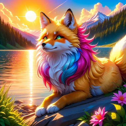 Prompt: beautiful young golden fox prodigy with (white-gold fur) and glowing (ruby magenta eyes), {sky blue paws and ears, curly blue hair}, feral, epic anime portrait, close up, sunny colors, brilliant sunrise, beautiful 8k eyes, light fluffy clouds, lush verdant greenery, close up, fine oil painting, low angle view, soft HD fur, (unsheathed claws), visible claws, 64k, hyper detailed, expressive, energetic, vibrant, fluffy mane, petite, deep blue sky, colorful stones, glistening golden fur, bashful rosy cheeks, sprawled at a lake shore, golden ratio, precise, perfect proportions, vibrant colors, vivid colors, lying by a sun-bathed lake, hyper detailed, complementary colors, UHD, HDR, top quality artwork, beautiful detailed background, unreal 5, artstaion, deviantart, instagram, professional, masterpiece