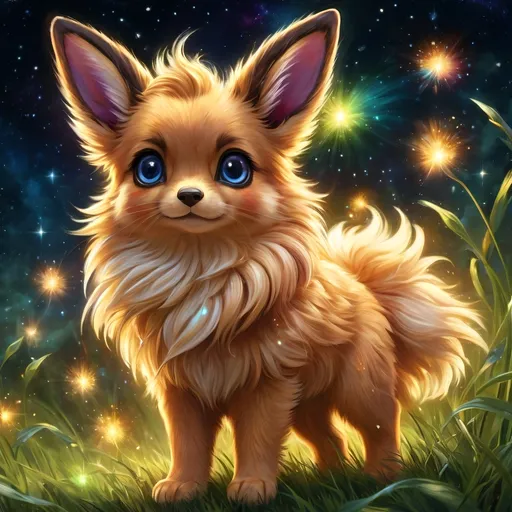 Prompt: (best quality: 1.5), (high quality:1.5), (intricate detail: 1.5), painting of an insanely beautiful magical Eevee, furry, fuzzy, happy, jubilant, magical, fairy dust, twinkling, bright colors, sparkling fur, shimmering, glistening, fairy dust in fur, dancing, running through a field, glistening golden fur, sparkling eyes, cute fangs, cute, vivid colors, vibrant colors, up close, close up, auroras, aurora halo, surreal, UHD, horizontal background, professional shading, 3D painting, ultra realistic fur, depth, running toward viewer, insanely detailed background, detailed fantasy style, insanely detailed fur, ultra detailed illustration, immaculate fur, fantasy, flying, professional digital painting, expressive face, beautiful eyes, 8k eyes, artstation, deviantart, Anne Stokes, trending, hyper detailed, stunning, breathtaking, beautiful, graceful, ethereal, enchanting, enchanted grassland, sparkling fireflies, breezy summer night, starry sky, 8k, 16k, 64k, unreal engine, perfect pose, golden ratio, symmetric, perfect proportions