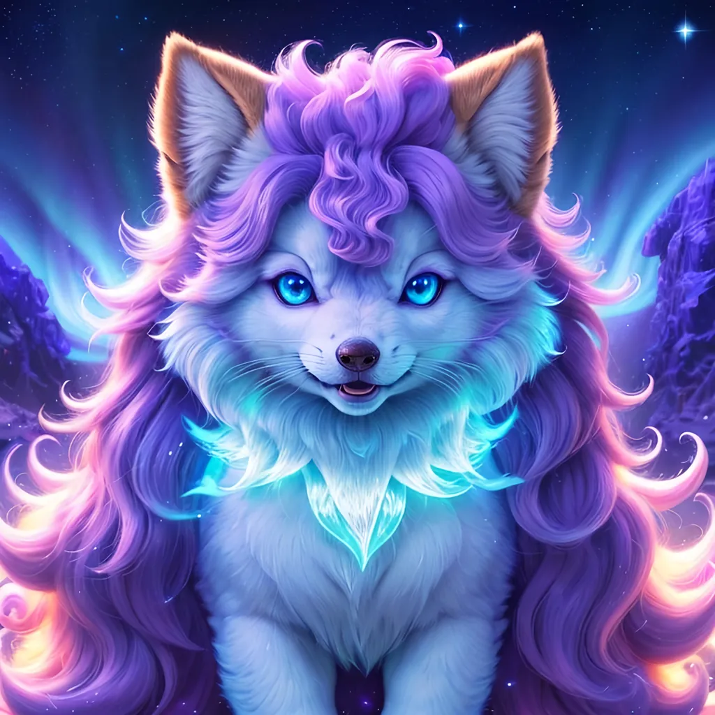 Prompt: {Alolan Vulpix}, growling, wolf, ice element, detailed artwork, portrait, 8k, detailed background, beautiful auroras, brilliant night sky, gleaming hypnotic purple eyes, mischievous, thick billowing mane, beautiful detailed eyes, golden ratio, perfect proportions, complementary colors, UHD