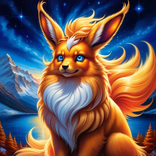 Prompt: Bronze {Flareon}, {copper fur}, gleaming intense (sapphire blue eyes:1.5), flame, fire element, fiery colors, feral, frost, detailed artwork, beautiful oil painting, 64k, detailed background, snowy lake, deep starry sky, lush cliffside, brilliant golden sunrise, big golden ears, beautiful dark muzzle, big beautiful 8k eyes, brave, fluffy, plump, vivid colors, thick fluffy fur, glowing fiery aura, thick billowing mane, intricately detailed fur, beautiful detailed eyes, by Anne Stokes, golden ratio, perfect proportions, vibrant, hyper detailed, complementary colors, UHD, ultra detailed, beautiful detailed background