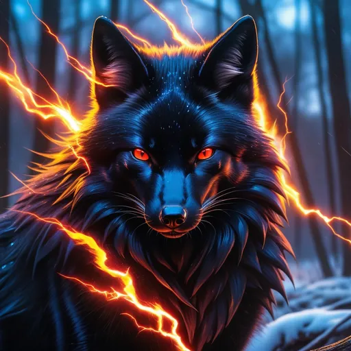 Prompt: young black fox warrior with (solid jet black fur) and glowing scarlet eyes, feral, epic anime portrait, close up, lightning element, cloaked in {ice armor}, crackling lightning, beautiful 8k eyes, fine oil painting, intense, wearing shiny bracelet, low angle view, soft HD fur, (unsheathed claws), visible claws, 64k, hyper detailed, expressive, intense, heroic, friendly, compassionate, brawny, thick billowing mane, fiery colors, psychedelic colors, lightning charged atmosphere, colorful stones, glistening black fur, prowling through a twilight forest,  golden ratio, precise, perfect proportions, vibrant, prowling by a sun-bathed river, hyper detailed, complementary colors, UHD, HDR, top quality artwork, beautiful detailed background, unreal 5, artstaion, deviantart, instagram, professional, masterpiece