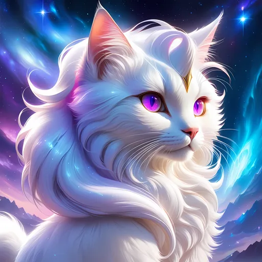 Prompt: clawmaster cat with {snow white fur} and {amethyst purple eyes}, female cat, cosmic auroras, Erin Hunter, gorgeous anime portrait, beautiful cartoon, 2d cartoon, beautiful 8k eyes, elegant {white fur}, glossy sheen fur, pronounced scar on chest, fine oil painting, modest, gazing at viewer, beaming red eyes, glistening red fur, low angle view, zoomed out view of character, 64k, hyper detailed, expressive, timid, graceful, beautiful, expansive silky mane, deep starry sky, golden ratio, precise, perfect proportions, vibrant, standing majestically on a tall crystal stone, hyper detailed, complementary colors, UHD, HDR, top quality artwork, beautiful detailed background, unreal 5, artstaion, deviantart, instagram, professional, masterpiece