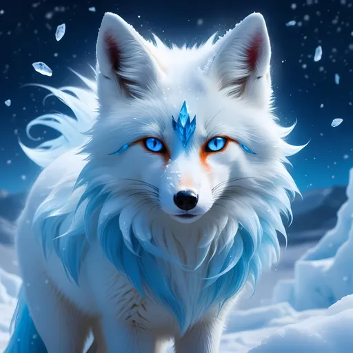 Prompt: ice elemental fox, feral fox, kyubi no kitsune, nine-tailed fox, cool blue fur, dark blue eyes, soft moonlight, silver muzzle, elder vixen, (plump), gazing at viewer, insanely beautiful, stunning, gorgeous, enchanting, beautiful 8k eyes, confident, falling snow, shattered ice, frosted blue fur, vivid, vibrantm UHD, HDR, three-quarter portrait, detailed watercolor style on soft paper, sharp focus, masterpiece, cool colors, artstation, instagram, trending, 64k