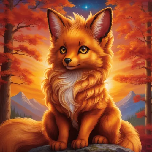 Prompt: {Vulpix}, gleaming hypnotic {chocolate brown eyes}, flame, fire element, feral, frost, detailed artwork, beautiful oil painting, 64k, detailed background, aspen leaves, deep starry sky, lush cliffside, brilliant sunrise sky, big golden ears, beautiful {solid golden brown muzzle}, luxurious {solid golden brown pelt}, big beautiful 8k eyes, mischievous, vivid colors, thick fluffy fur, glowing fiery aura, fire princess, bashful rosy cheeks, timid, bright rosy cheeks, thick billowing mane, intricately detailed fur, beautiful detailed eyes, , by Anne Stokes, golden ratio, perfect proportions, vibrant, hyper detailed, complementary colors, UHD, beautiful detailed background