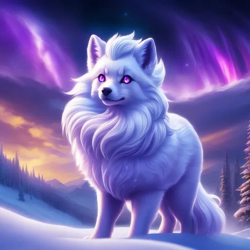 Prompt: {Alolan Vulpix}, growling, epic wolf, ice element, detailed artwork, portrait, 8k, detailed background, curly purple hair, silky snow white fur, beautiful auroras, brilliant night sky, gleaming hypnotic purple eyes, mischievous, thick billowing mane, beautiful detailed eyes, golden ratio, perfect proportions, photorealistic, hyper realism, complementary colors, UHD