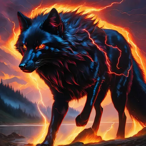 Prompt: young warrior black fox with (solid jet black fur) and scarlet eyes, feral, epic anime portrait, lightning element, crackling lightning, beautiful 8k eyes, fine oil painting, intense, wearing shiny bracelet, low angle view,  (unsheathed claws), visible claws, 64k, hyper detailed, expressive, intense, heroic, friendly, compassionate, brawny, thick billowing mane, fiery colors, psychedelic colors, lightning charged atmosphere, colorful stones, glistening black fur, prowling through a twilight forest,  golden ratio, precise, perfect proportions, vibrant, prowling by a sun-bathed river, hyper detailed, complementary colors, UHD, HDR, top quality artwork, beautiful detailed background, unreal 5, artstaion, deviantart, instagram, professional, masterpiece
