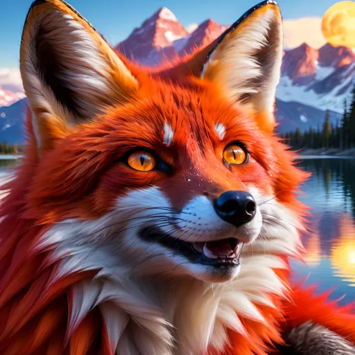 Prompt: portrait of a beautiful young crimson fox prodigy with (solid crimson fur) and glowing jubilant {amber eyes}, feral, beautiful vixen fox, epic anime portrait, close up, fiery colors, brilliant sunrise, big beautiful 8k eyes, deep starry sky, cosmic auroras, frost, close up, fine oil painting, intense, low angle view, soft HD fur, 64k, hyper detailed, expressive, intense, elegant, graceful, silky extravagant mane, deep blue sky, colorful stones, glistening scarlet fur, sprawled at a lake shore, golden ratio, precise, perfect proportions, vibrant, lying by a sun-bathed lake, hyper detailed, complementary colors, UHD, HDR, top quality artwork, beautiful detailed background, unreal 5, artstaion, deviantart, instagram, professional, masterpiece