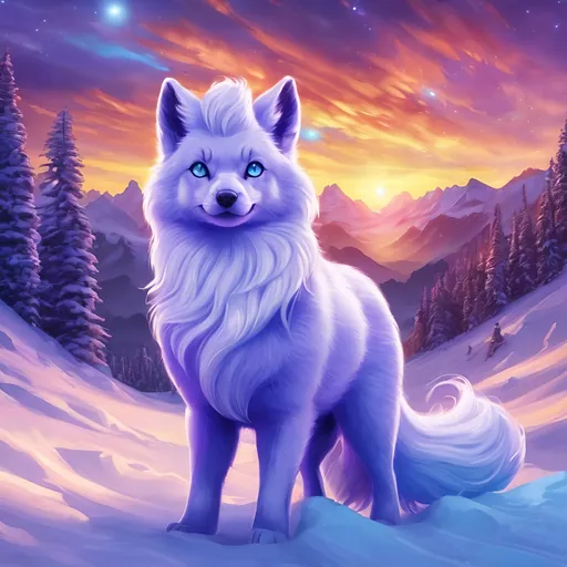 Prompt: {Alolan Vulpix}, growling, wolf, ice element, detailed artwork, portrait, 8k, detailed background, curly purple hair, silky snow white fur, beautiful auroras, brilliant night sky, gleaming hypnotic purple eyes, mischievous, thick billowing mane, beautiful detailed eyes, golden ratio, perfect proportions, photorealistic, hyper realism, complementary colors, UHD
