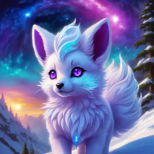 Prompt: {Alolan Vulpix}, gleaming hypnotic {amethyst purple eyes}, frost, ice element, detailed artwork, beautiful oil painting, 64k, detailed background, cosmic auroras, deep starry sky, lush cliffside, snowy mountain peaks, brilliant night sky, big purple ears, big beautiful 8k eyes, mischievous, vivid colors, thick fluffy fur, glowing ice aura, snow princess, bashful rosy cheeks, timid, bright rosy cheeks, thick billowing mane, intricately detailed fur, beautiful detailed eyes, , by Anne Stokes, golden ratio, perfect proportions, vibrant, hyper detailed, complementary colors, UHD, beautiful detailed background