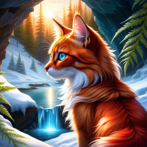 Prompt: warrior cat with {shiny red fur} and {ice blue eyes}, feral, quadruped, young she-cat, by Erin Hunter, gorgeous anime portrait, intense cartoon, beautiful 8k eyes, elegant {scarlet and garnet fur}, {pelt looks like a vixen fox}, fine oil painting, stunning, gorgeous, back view, gazing at viewer, beaming blue eyes, looking backward, glistening scarlet fur, draped in ferns, snowstorm, ice element, 64k, hyper detailed, expressive, witty, graceful, beautiful, expansive silky mane, crystal mountain cave, golden ratio, precise, perfect proportions, vibrant, standing majestically on a tall crystal stone, hyper detailed, complementary colors, UHD, HDR, top quality artwork, beautiful detailed background, unreal 5, artstaion, deviantart, instagram, professional, masterpiece