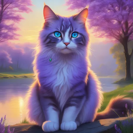 Prompt: warrior cat with {lavender fur} and {crystal blue eyes}, young female cat, gorgeous anime portrait, beautiful 8k eyes, elegant {colorful lavender fur}, fine oil painting, modest, gazing at viewer, worm's eye view, frosted flowers, zoomed out view of character, wears a bracelet, 64k, hyper detailed, expressive, timid, graceful, beautiful, expansive silky mane, golden ratio, precise, perfect proportions, vibrant, tanning by a sun-bathed river, hyper detailed, complementary colors, UHD, HDR, top quality artwork, beautiful detailed background, unreal 5, artstaion, deviantart, instagram, professional, masterpiece