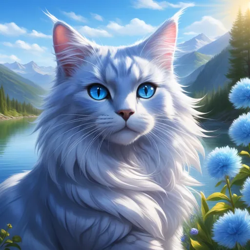 Prompt: warrior cat with {silver-blue fur} and {crystal blue eyes}, senior she-cat, Erin Hunter, gorgeous anime portrait, beautiful cartoon, 2d cartoon, beautiful 8k eyes, elegant {blue fur}, pronounced scar on chest, fine oil painting, modest, gazing at viewer, worm's eye view, frosted flowers, zoomed out view of character, wears a bracelet, 64k, hyper detailed, expressive, timid, graceful, beautiful, expansive silky mane, golden ratio, precise, perfect proportions, vibrant, tanning by a sun-bathed river, hyper detailed, complementary colors, UHD, HDR, top quality artwork, beautiful detailed background, unreal 5, artstaion, deviantart, instagram, professional, masterpiece