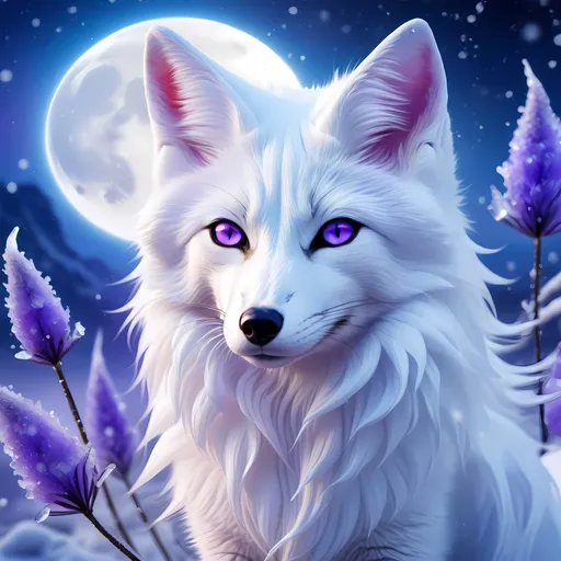 Prompt: ice elemental fox, feral fox, kyubi no kitsune, nine-tailed fox, snow white fur, deep purple eyes, soft moonlight, silver muzzle, ageless vixen, gazing at viewer, looking backward, insanely beautiful, stunning, gorgeous, enchanting, beautiful 8k eyes, insanely powerful element, timid, falling snow, shattered ice, frosted lavender fur, vivid, vibrant UHD, HDR, three-quarter portrait, detailed watercolor style on soft paper, sharp focus, masterpiece, cool colors, artstation, instagram, trending, 64k