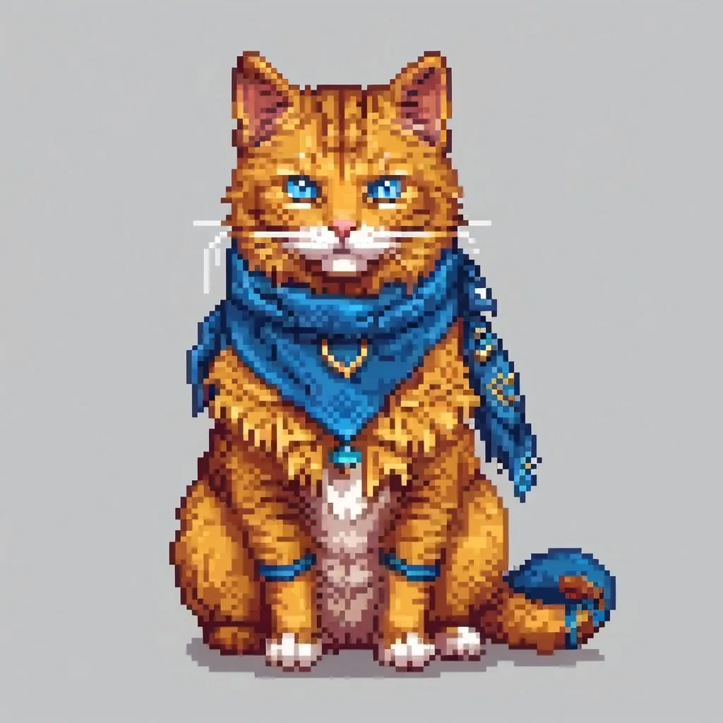 Prompt: beautiful cat warrior with golden fur and blue eyes, feral cat, wearing blue scarf