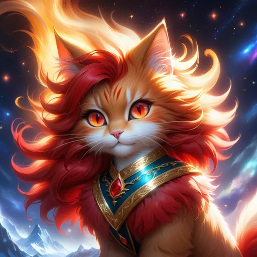 Prompt: clawmaster cat with {red fur} and {ruby red eyes}, young female cat prodigy, fire element, flame, Erin Hunter, gorgeous anime portrait, beautiful cartoon, 2d cartoon, beautiful 8k eyes, elegant {red fur}, glossy sheen fur, pronounced scar on chest, fine oil painting, modest, gazing at viewer, beaming red eyes, glistening red fur, low angle view, zoomed out view of character, 64k, hyper detailed, expressive, timid, graceful, beautiful, expansive silky mane, deep starry sky, golden ratio, precise, perfect proportions, vibrant, standing majestically on a tall crystal stone, hyper detailed, complementary colors, UHD, HDR, top quality artwork, beautiful detailed background, unreal 5, artstaion, deviantart, instagram, professional, masterpiece