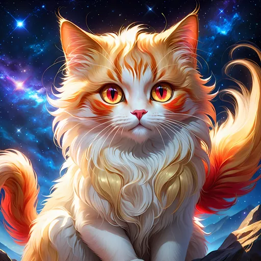 Prompt: clawmaster (cat) with {red fur} and {ruby red eyes}, feral cat, by Erin Hunter, gorgeous anime portrait, beautiful cartoon, beautiful 8k eyes, elegant {red fur}, pronounced scar on chest, oil painting, modest, gazing at viewer, fiery red eyes, glistening golden hair, furry golden paws, low angle view, 64k, hyper detailed, expressive, graceful, beautiful, small lithe cat, expansive silky golden mane, shining fur, deep starry sky, UHD background, golden ratio, precise, perfect proportions, vibrant colors, standing majestically on a tall crystal stone, hyper detailed, complementary colors, UHD, HDR, top quality art, beautiful detailed background, unreal 5, artstaion, deviantart, instagram, professional, masterpiece