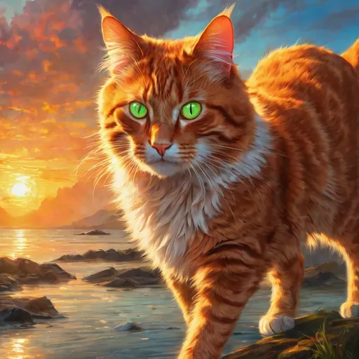 Prompt: warrior cat with {fiery orange fur} and bright green eyes, young male cat, epic anime portrait, beautiful 8k eyes, fine oil painting, intense, lunging at viewer, wearing shiny bracelet, solid red belly, worm's eye view, zoomed out view of character,  (unsheathed claws), visible claws, 64k, hyper detailed, expressive, intense, hissing cat, aggressive, intelligent, lithe, small, covered in scratches and scars, thick billowing mane, glistening golden fur, golden ratio, precise, perfect proportions, vibrant, prowling by a sun-bathed river, hyper detailed, dynamic, complementary colors, UHD, HDR, top quality artwork, beautiful detailed background, unreal 5, artstaion, deviantart, instagram, professional, masterpiece