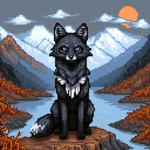 Prompt: beautiful black fox warrior with jet black fur and {dusk orange and twilight blue} eyes, kitsune, feral fox, nine-tailed fox, brawny, fierce, fire and ice, close up, detailed background, lush lakeside mountains background, highly detailed