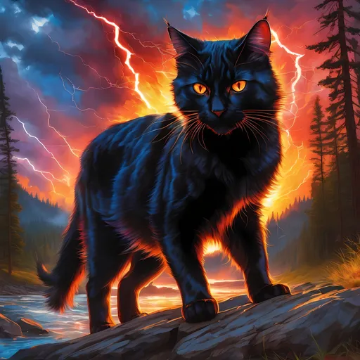 Prompt: young warrior cat with jet black fur and scarlet eyes, tom cat, apprentice, epic anime portrait, lightning element, crackling lightning, beautiful 8k eyes, fine oil painting, intense, wearing shiny bracelet, low angle view,  (unsheathed claws), visible claws, 64k, hyper detailed, expressive, intense, heroic, friendly, compassionate, brawny, thick billowing mane, fiery colors, psychedelic colors, lightning charged atmosphere, colorful stones, glistening black fur, prowling through a twilight forest,  golden ratio, precise, perfect proportions, vibrant, prowling by a sun-bathed river, hyper detailed, complementary colors, UHD, HDR, top quality artwork, beautiful detailed background, unreal 5, artstaion, deviantart, instagram, professional, masterpiece