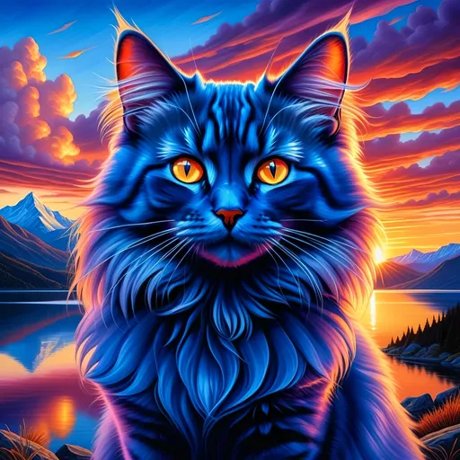 Prompt: detailed oil portrait of a stunning beautiful blue cat with {cobalt blue fur} and {sunset orange eyes}, nine-tailed cat, nine fluffy silver tails, blue nose, feral, kitsune tails, quadruped, tom cat, Warrior cats by Erin Hunter, gorgeous anime portrait, intense cartoon, beautiful 8k eyes, kitsune, nine-tailed fox, ice element, detailed fine fur, fine oil painting, stunning, gorgeous, gazing at viewer, beaming eyes, lake shore sunrise, perfect reflection, shimmering, professional shading, sharply focused red clouds, highly detailed mountain vista, brilliant sunrise on purple sky, (horizontal background), 64k, hyper detailed, expressive, clever, beautiful, thick silky mane, golden ratio, symmetric, accurate anatomy, precise, perfect proportions, vibrant, standing majestically on a mountain, hyper detailed, complementary colors, UHD, HDR, top quality artwork, beautiful detailed background, unreal 5, artstaion, deviantart, instagram, professional, masterpiece