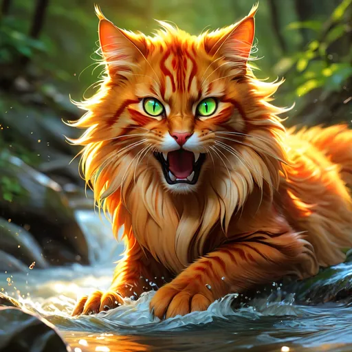 Prompt: warrior cat with {fiery orange fur} and bright green eyes, young male cat, epic anime portrait, beautiful 8k eyes, fine oil painting, intense, lunging at viewer, wearing shiny bracelet, solid red belly, worm's eye view, zoomed out view of character,  (unsheathed claws), visible claws, 64k, hyper detailed, expressive, intense, aggressive, intelligent, lithe, small, covered in scratches and scars, thick billowing mane, glistening golden fur, golden ratio, precise, perfect proportions, vibrant, prowling by a sun-bathed river, hyper detailed, dynamic, complementary colors, UHD, HDR, top quality artwork, beautiful detailed background, unreal 5, artstaion, deviantart, instagram, professional, masterpiece