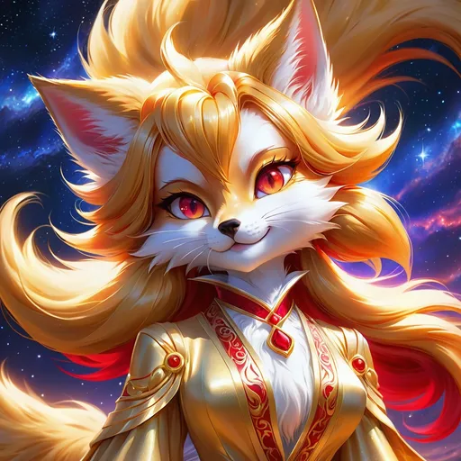 Prompt: warrior (fox) with {bright gold fur} and {ruby red eyes}, feral fox, kitsune, nine-tailed fox, gorgeous anime portrait, beautiful cartoon, beautiful 8k eyes, elegant {red fur}, four-legged, quadruped, pronounced scar on chest, oil painting, modest, gazing at viewer, fiery red eyes, glistening golden hair, furry golden paws, low angle view, 64k, hyper detailed, expressive, graceful, beautiful, small lithe cat, expansive silky golden mane, shining fur, deep starry sky, UHD background, golden ratio, precise, perfect proportions, vibrant colors, standing majestically on a tall crystal stone, hyper detailed, complementary colors, UHD, HDR, top quality art, beautiful detailed background, unreal 5, artstaion, deviantart, instagram, professional, masterpiece