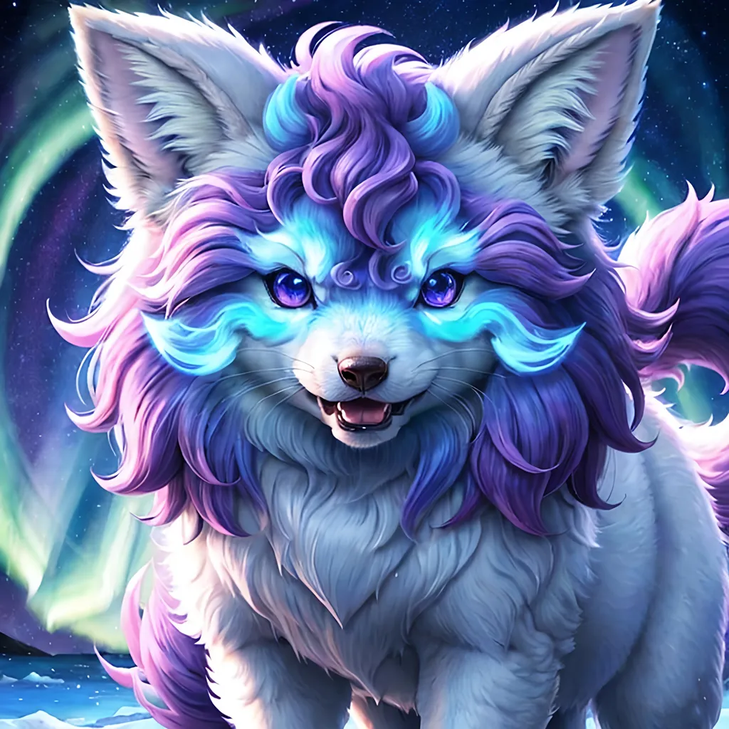 Prompt: {Alolan Vulpix}, growling, wolf, ice element, detailed artwork, portrait, 8k, detailed background, beautiful auroras, brilliant night sky, gleaming hypnotic purple eyes, mischievous, thick billowing mane