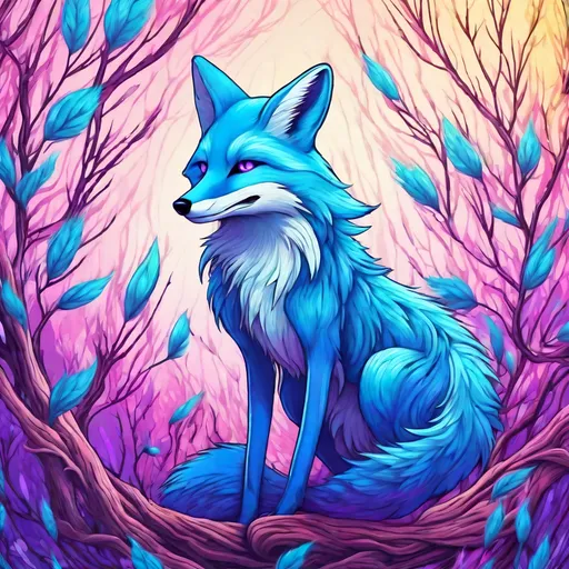Prompt: cyan blue fox, cartoon, 2D, hyper detailed, drawing, colored pencils, anime purple eyes, bushy tail, intense anime pose, energetic smile, cell shading, vector art, thick blue outlines, energetic, anime background, UHD, masterpiece, cheerful