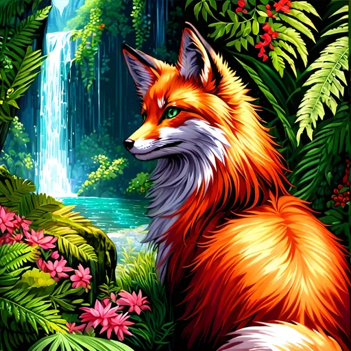 Prompt: portrait of a stunning beautiful fox with {shiny garnet and crimson fur} and {intricately detailed 8k 
mint green eyes}, feral fox, quadruped, young vixen, kitsune, nine-tailed fox, beautiful 8k eyes, elegant {crimson and garnet fur}, fine oil painting, stunning, gorgeous, back view, gazing at viewer, wind element,  beaming green eyes, (raised tail:2.5), glistening scarlet fur, surrounded by flowers and ferns, draped in ferns, 64k, hyper detailed, expressive, witty, graceful, beautiful, expansive silky mane, crystal mountain cave, secluded crystal lake, crystal waterfall, golden ratio, precise, perfect proportions, vibrant, standing majestically on a tall crystal stone, hyper detailed, complementary colors, UHD, HDR, top quality artwork, beautiful detailed background, detailed pixel art