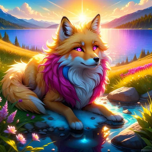 Prompt: beautiful young golden fox prodigy with (white-gold fur) and glowing (ruby magenta eyes), {sky blue paws and ears, curly blue hair}, feral, epic anime portrait, close up, sunny colors, brilliant sunrise, beautiful 8k eyes, light fluffy clouds, lush verdant greenery, close up, fine oil painting, low angle view, soft HD fur, (unsheathed claws), visible claws, 64k, hyper detailed, expressive, energetic, vibrant, fluffy mane, petite, deep blue sky, colorful stones, glistening golden fur, bashful rosy cheeks, sprawled at a lake shore, golden ratio, precise, perfect proportions, vibrant colors, vivid colors, lying by a sun-bathed lake, hyper detailed, complementary colors, UHD, HDR, top quality artwork, beautiful detailed background, unreal 5, artstaion, deviantart, instagram, professional, masterpiece