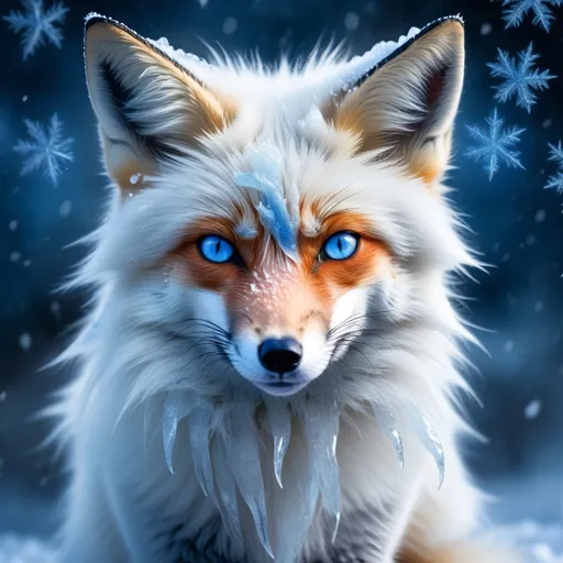Prompt: ice elemental fox, feral fox, kitsune, nine-tailed fox, cool blue fur, dark blue eyes, soft moonlight, blue muzzle, elder vixen, plump, gazing at viewer, stunning, enchanting, confident, falling snow, shattered ice, frosted blue fur, vivid, vibrantm UHD, HDR, three-quarter portrait, detailed watercolor style on soft paper, masterpiece