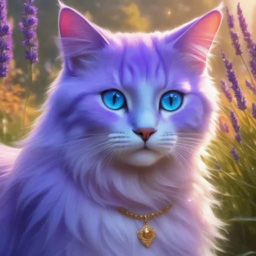 Prompt: warrior cat with {lavender fur} and {crystal blue eyes}, young she-cat, Erin Hunter, gorgeous anime portrait, beautiful cartoon, 2d cartoon, beautiful 8k eyes, elegant {colorful lavender fur}, fine oil painting, modest, gazing at viewer, worm's eye view, frosted flowers, zoomed out view of character, wears a bracelet, 64k, hyper detailed, expressive, timid, graceful, beautiful, expansive silky mane, golden ratio, precise, perfect proportions, vibrant, tanning by a sun-bathed river, hyper detailed, complementary colors, UHD, HDR, top quality artwork, beautiful detailed background, unreal 5, artstaion, deviantart, instagram, professional, masterpiece